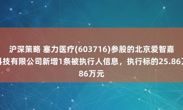 沪深策略 塞力医疗(603716)参股的北京爱智嘉诚科技有限公司新增1条被执行人信息，执行标的25.86万元