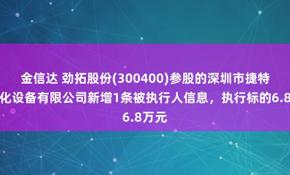 金信达 劲拓股份(300400)参股的深圳市捷特自动化设备有限公司新增1条被执行人信息，执行标的6.8万元